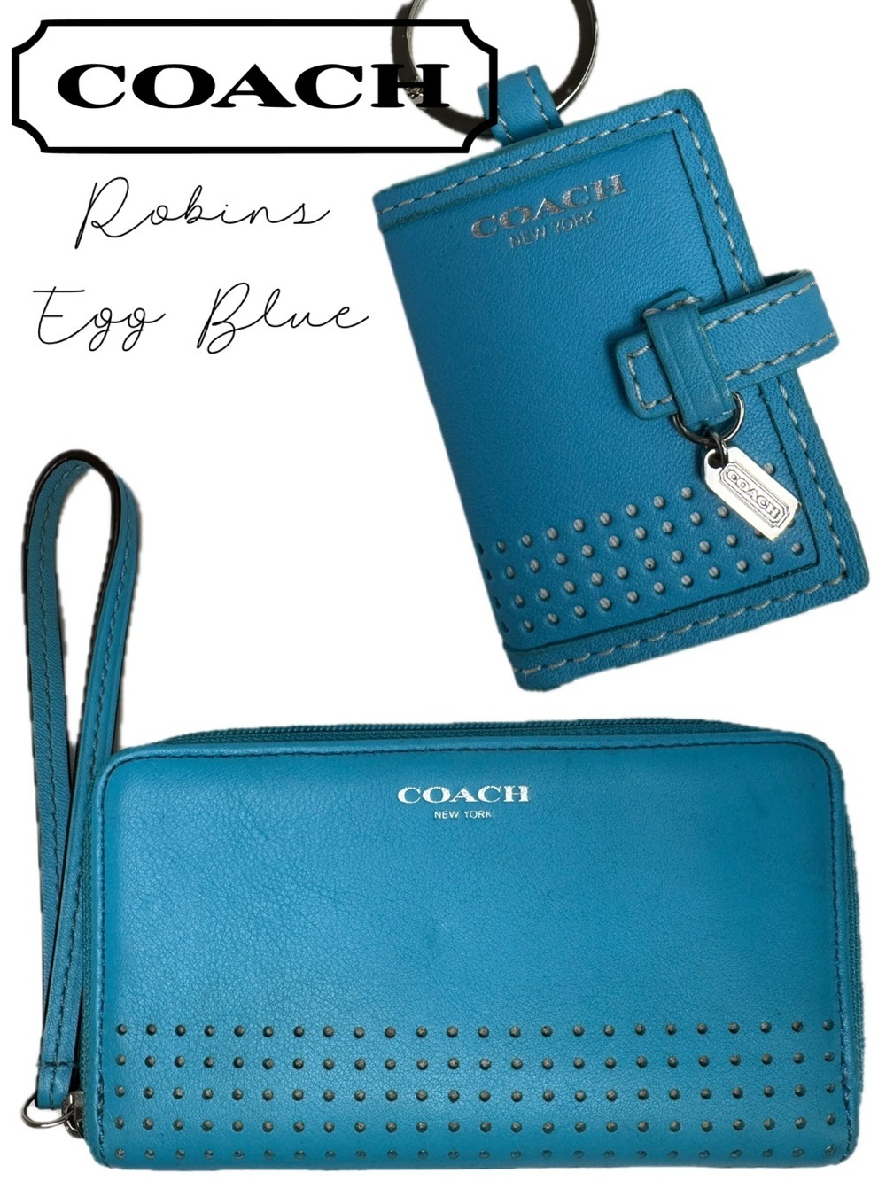 Coach Robins Egg Blue Y2K Vintage Perforated Wallet And Picture Frame Keychain